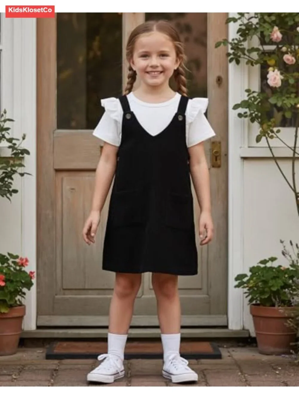 Toddler Girl Corduroy Pinafore Overall Dress & Ruffle Tee Set 2-7Yrs